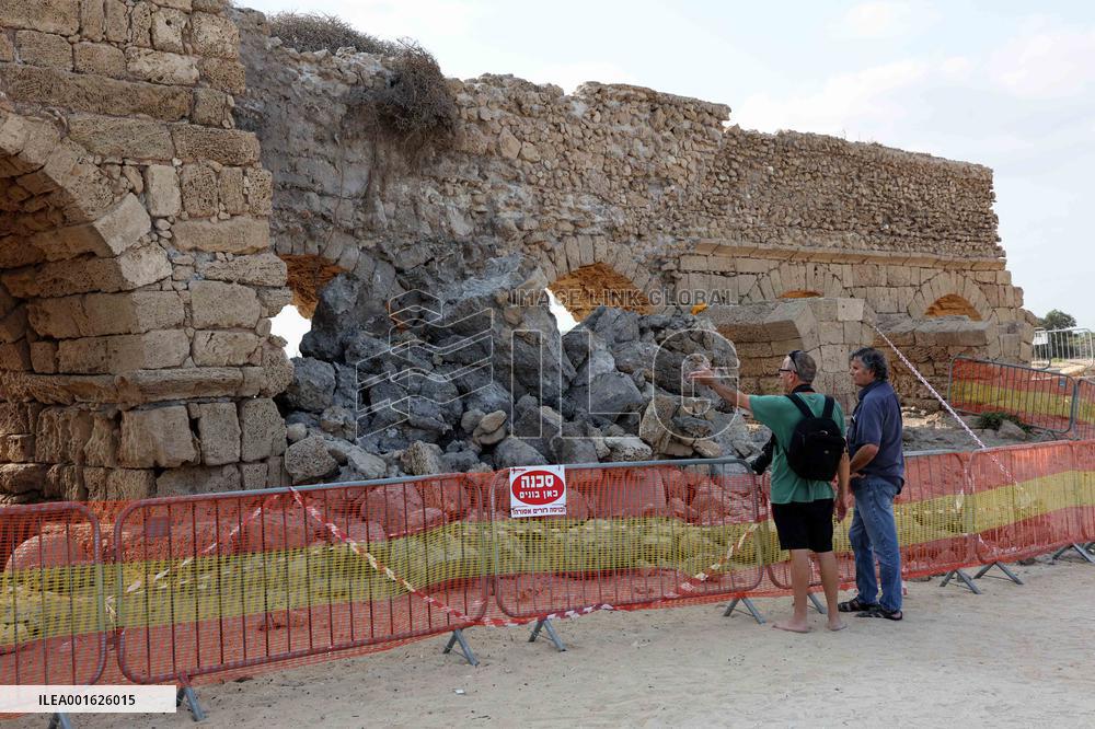 ISRAEL-CAESAREA-ANCIENT ROMAN AQUEDUCT-COLLAPSE
