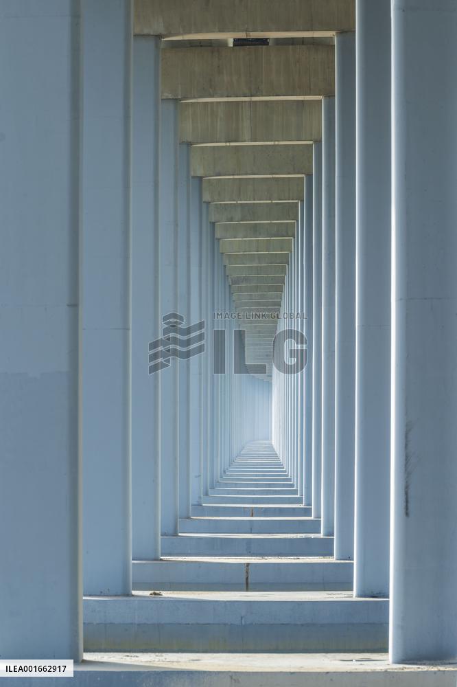 A view shows rows of deep piers of the sea-crossing bridge in Shenzhen, Guangdong province, China, Aug 15, 2023.