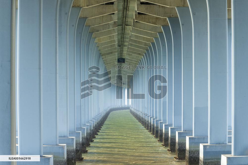 A view shows rows of deep piers of the sea-crossing bridge in Shenzhen, Guangdong province, China, Aug 15, 2023.