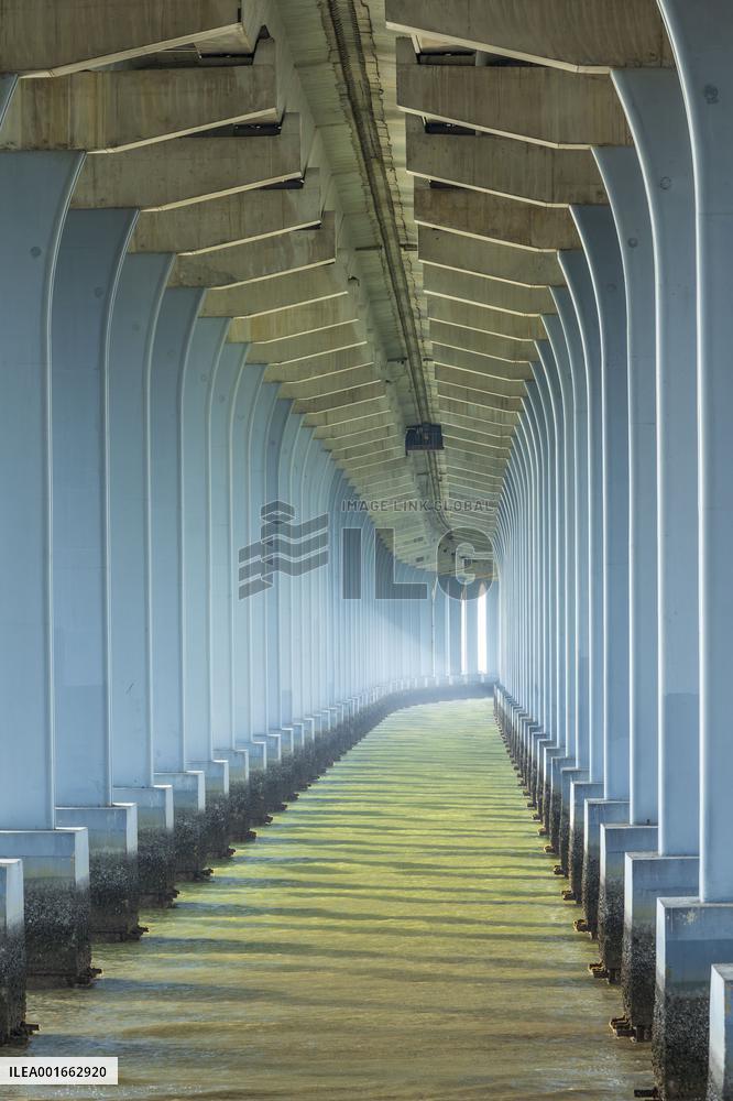 A view shows rows of deep piers of the sea-crossing bridge in Shenzhen, Guangdong province, China, Aug 15, 2023.