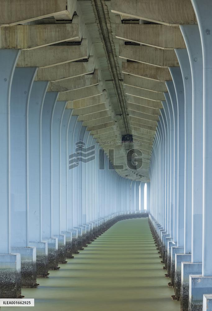 A view shows rows of deep piers of the sea-crossing bridge in Shenzhen, Guangdong province, China, Aug 15, 2023.