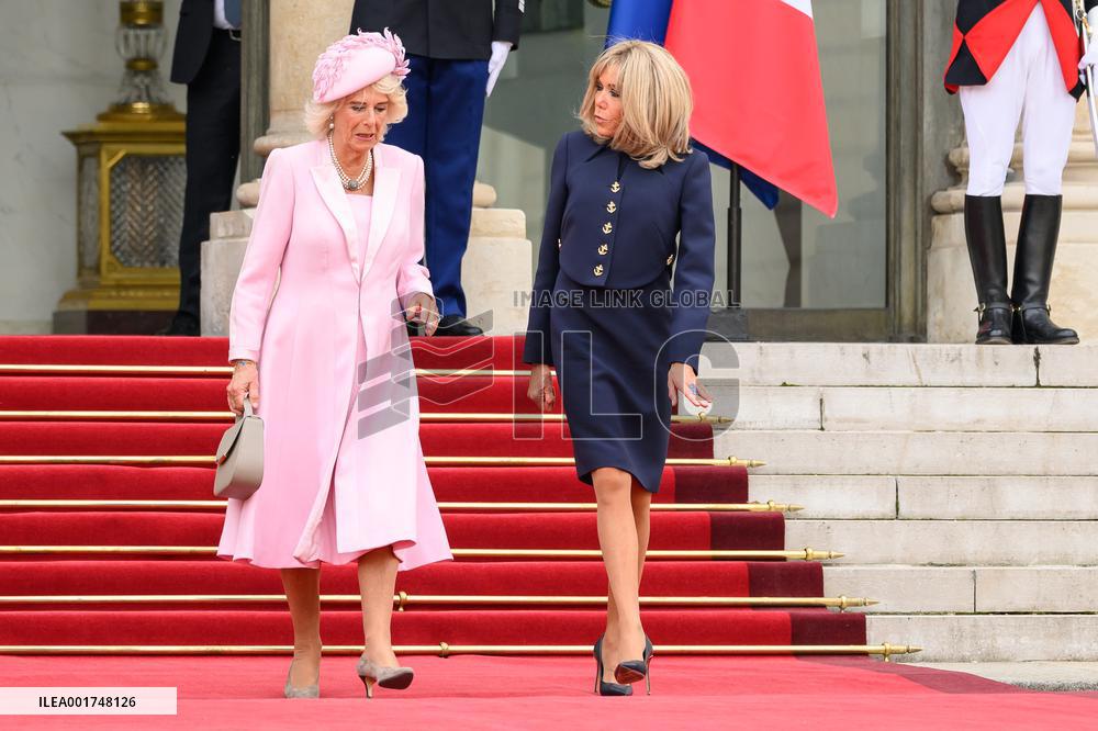 King Charles Visit To France - Queen Camilla Leaves Elysee Palace