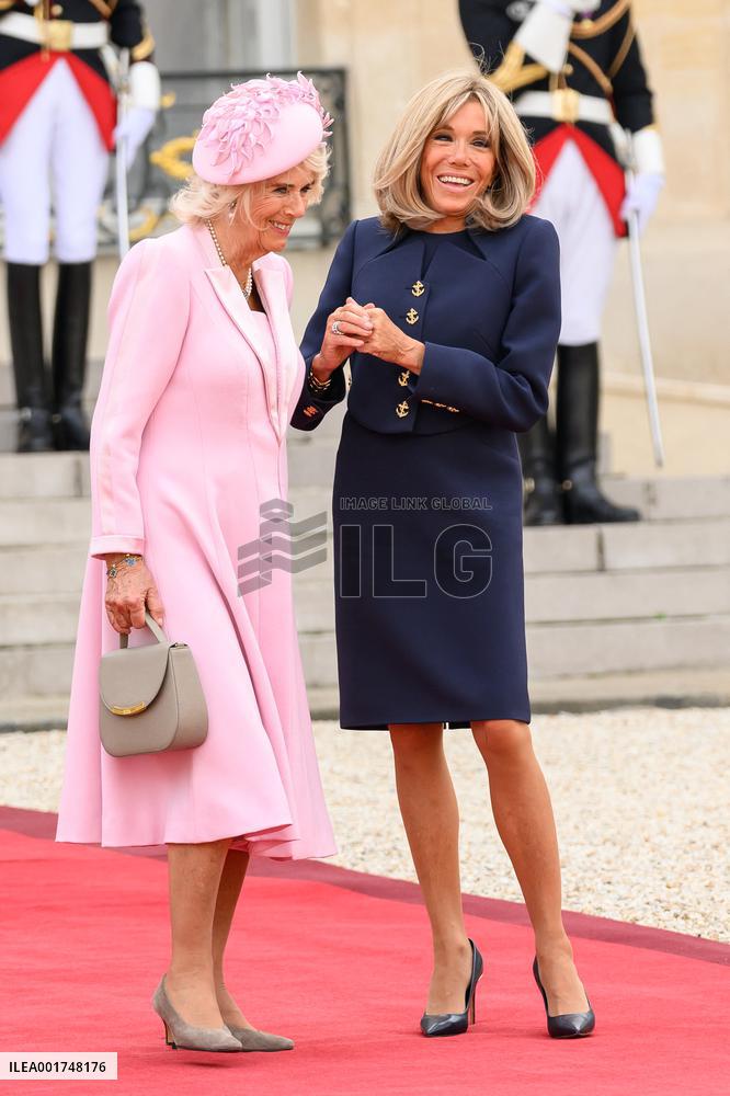 King Charles Visit To France - Queen Camilla Leaves Elysee Palace