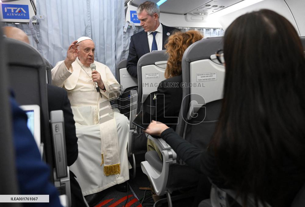 Pope Francis On The Plane Back From Marseille