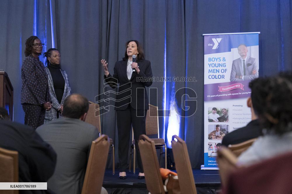 Vice President Kamala Harris addresses a convening of the YMCA’s Initiative on Boys and Young Men of Color