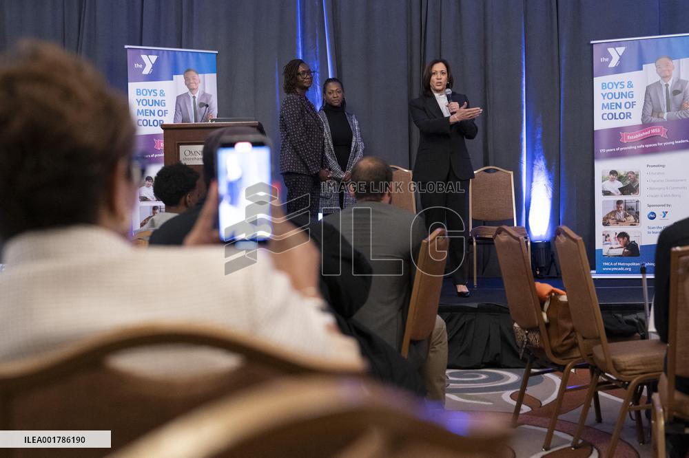 Vice President Kamala Harris addresses a convening of the YMCA’s Initiative on Boys and Young Men of Color