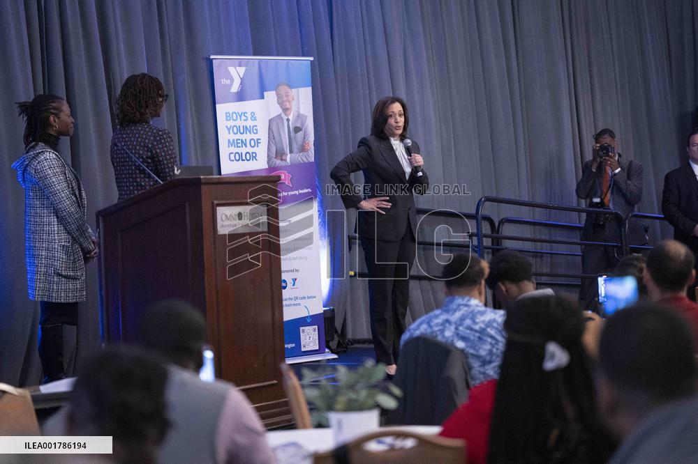 Vice President Kamala Harris addresses a convening of the YMCA’s Initiative on Boys and Young Men of Color