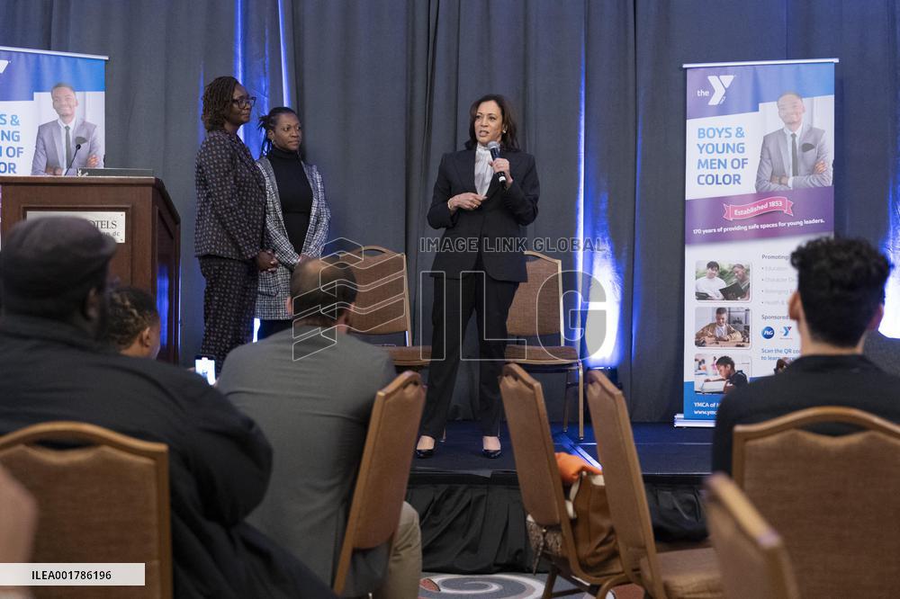 Vice President Kamala Harris addresses a convening of the YMCA’s Initiative on Boys and Young Men of Color