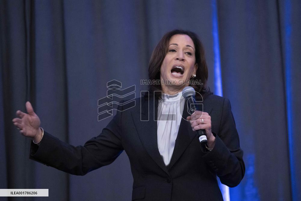 Vice President Kamala Harris addresses a convening of the YMCA’s Initiative on Boys and Young Men of Color