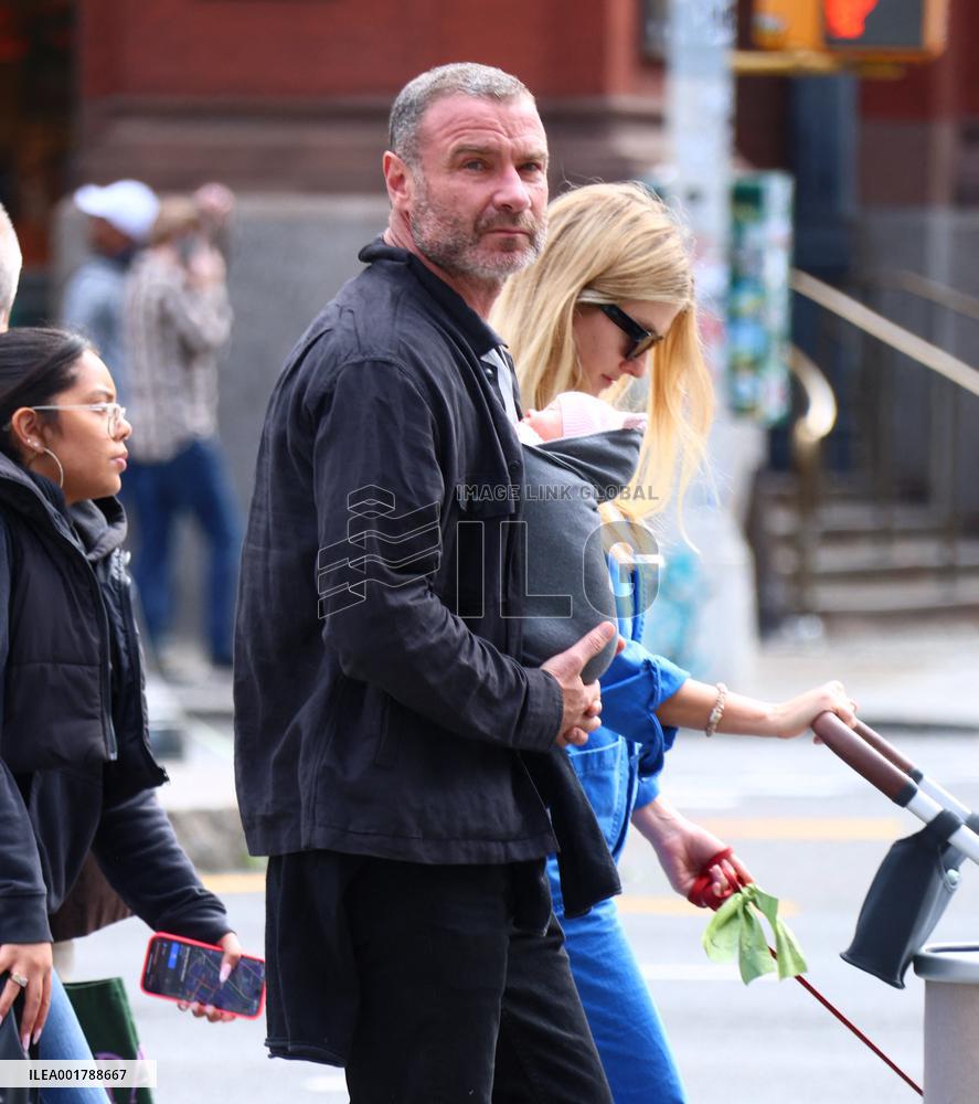 Liev Schreiber Carries Newborn Daughter In A Sling - NYC