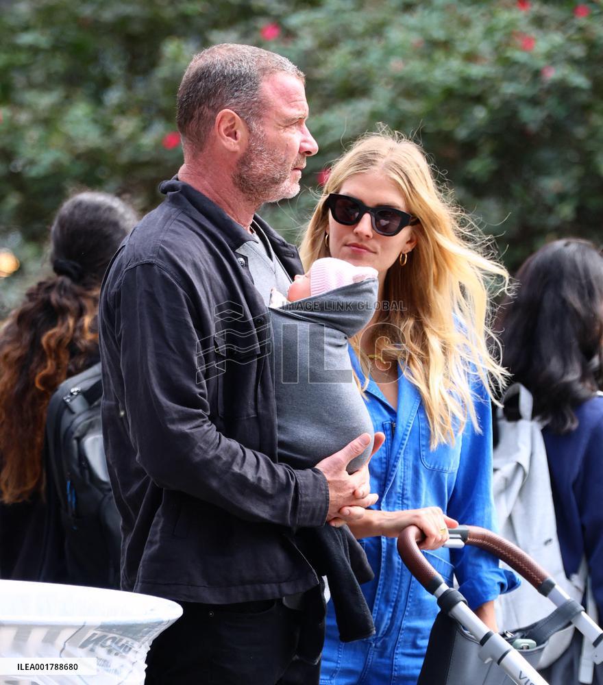 Liev Schreiber Carries Newborn Daughter In A Sling - NYC