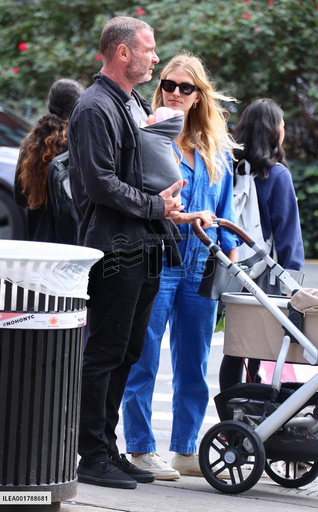 Liev Schreiber Carries Newborn Daughter In A Sling - NYC