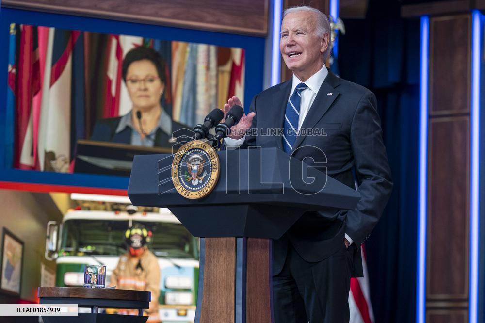 US President Joe Biden delivers virtual remarks to the U.S. Fire Administrators Summit on Fire Prevention & Control