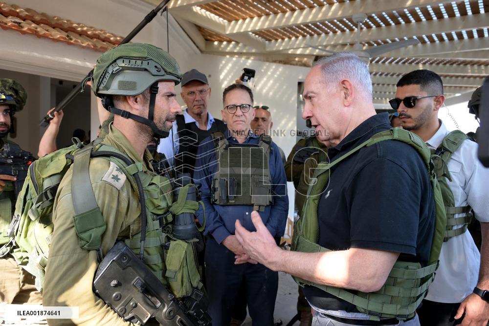 Benjamin Netanyahu Tours Kibbutz Near Gaza - Israel