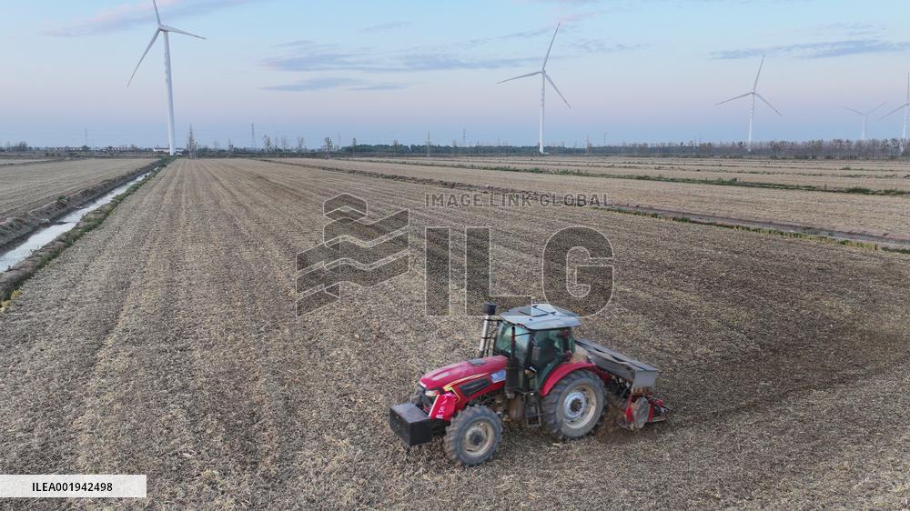 A Farm Machine Sows Wheat in A Field in Lianyungang