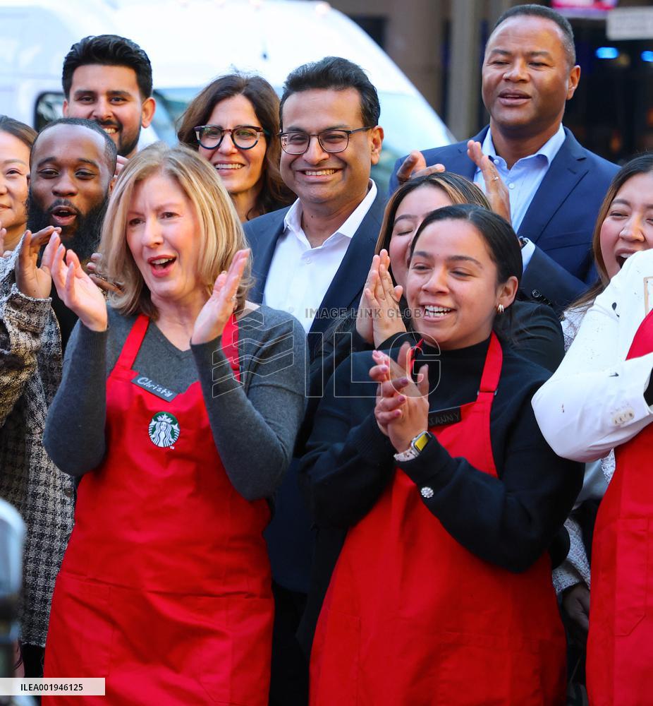 Starbucks Rings The Nasdaq Opening Bell - NYC