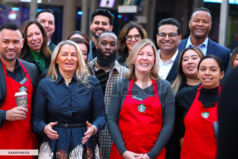 Starbucks Rings The Nasdaq Opening Bell - NYC