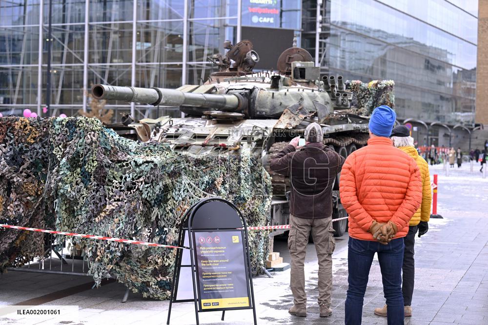 Russian T-72B3 tank destroyed by Ukrainian armed forces on display in Helsinki