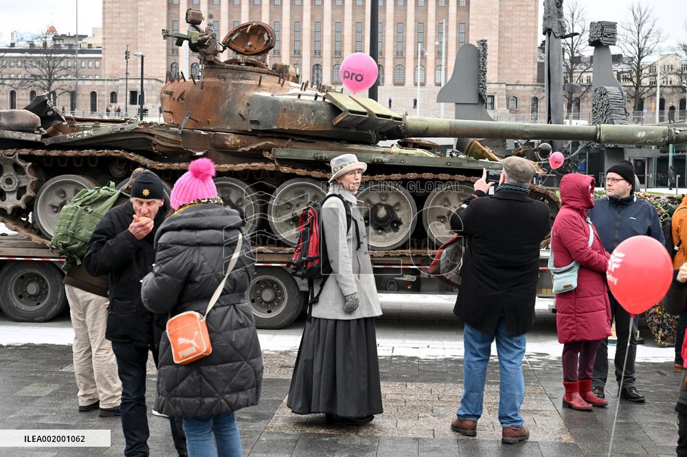 Russian T-72B3 tank destroyed by Ukrainian armed forces on display in Helsinki