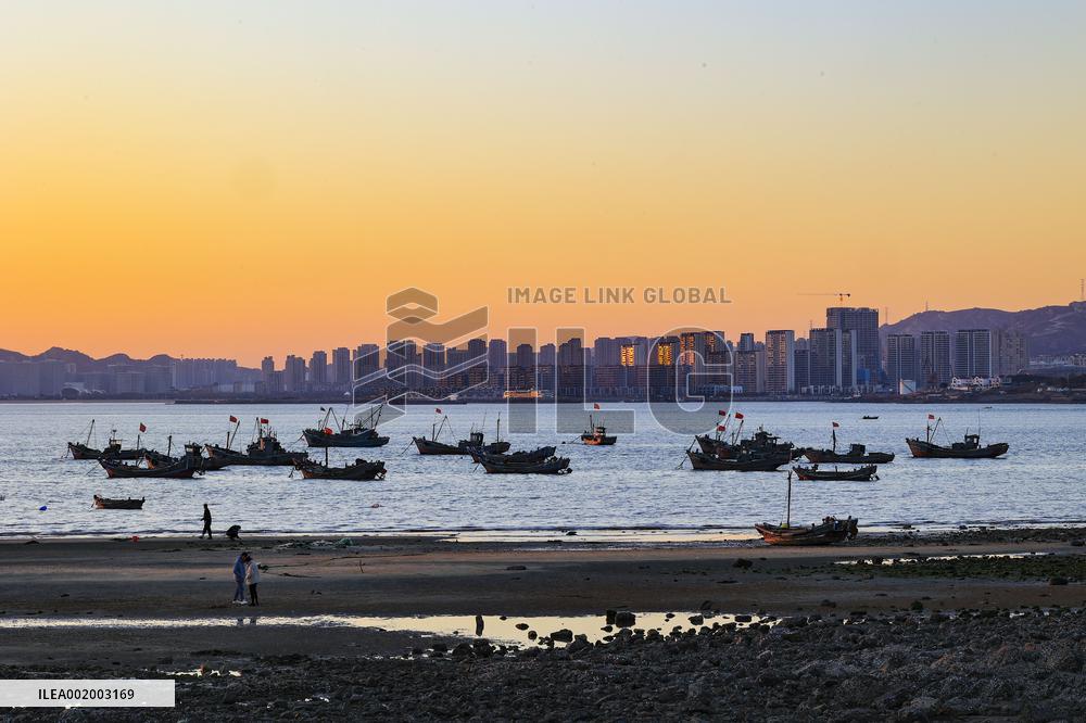 Fishing Boats Sailing at Sunset in Qingdao