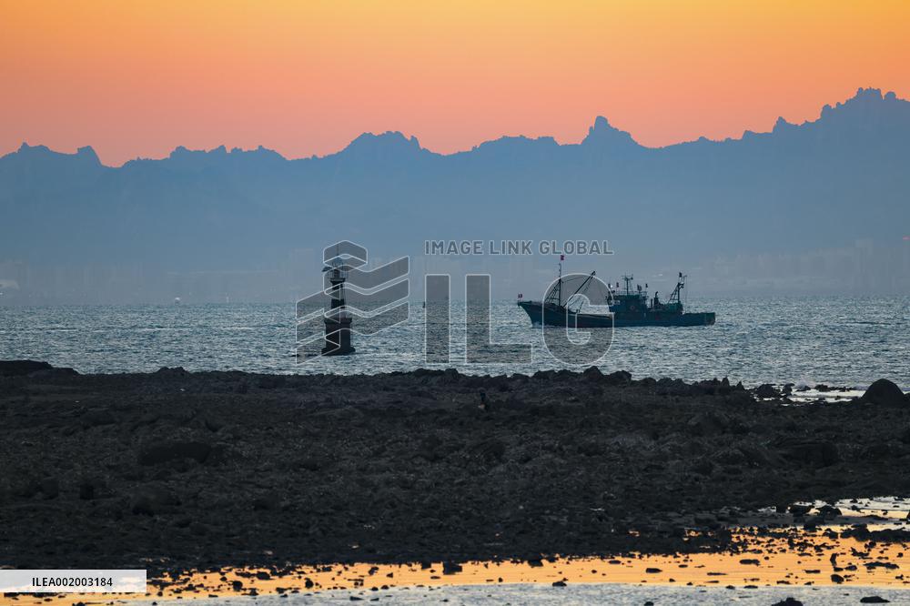 Fishing Boats Sailing at Sunset in Qingdao
