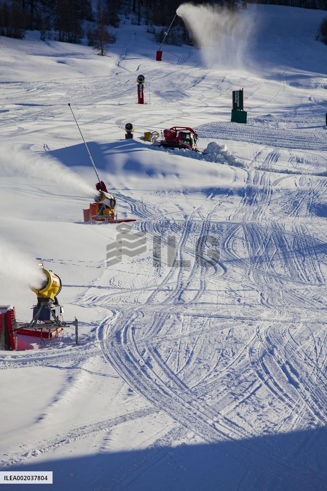 Snow Cannons Produce Artificial Snow - Montgenevre