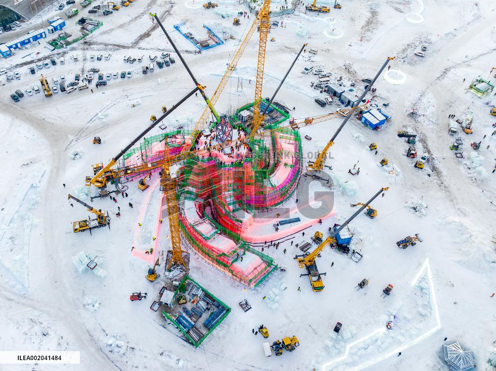 The 25th Harbin Ice and Snow World Under Construction in Harbin