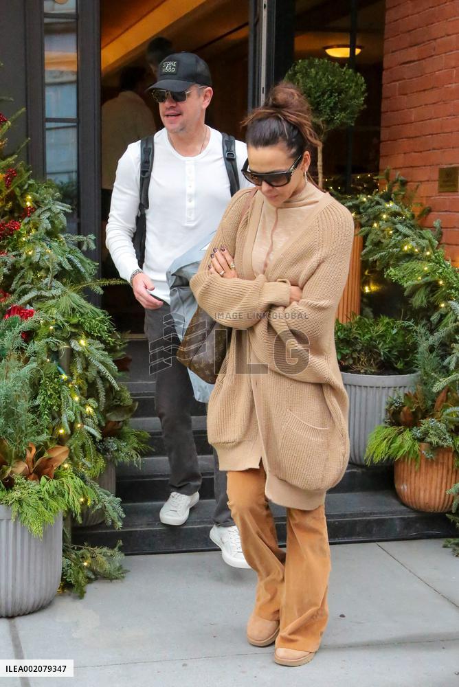 Matt Damon And Luciana Barroso Check Out Of The Fouquet Hotel - NYC