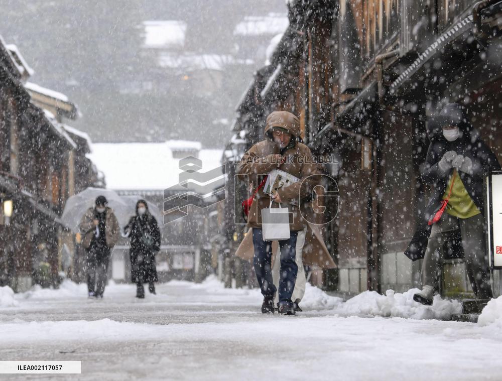 Snow-covered geisha district in central Japan