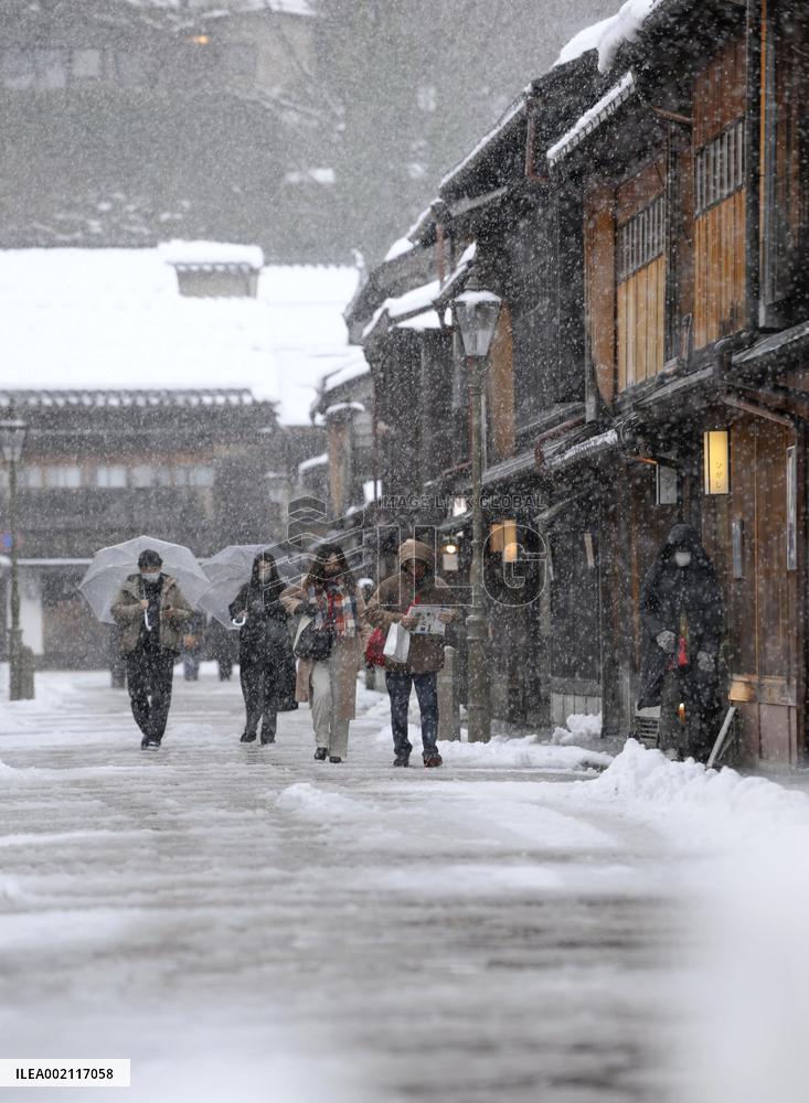 Snow-covered geisha district in central Japan