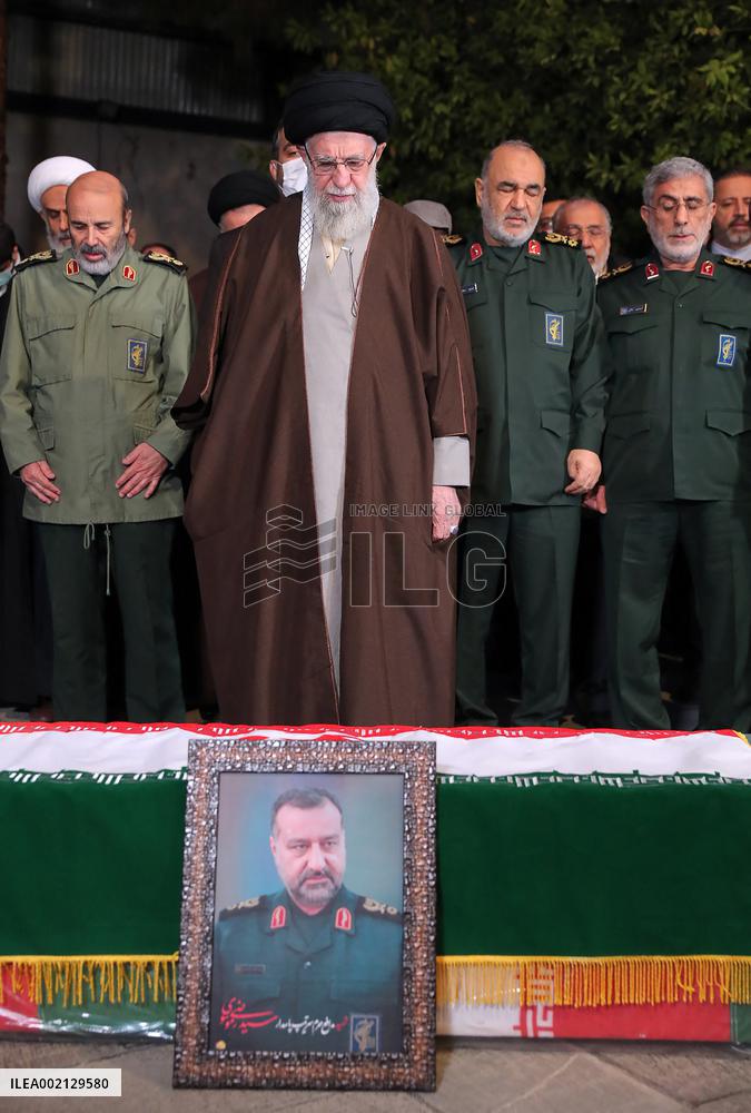 Khamenei Praying Next To The Coffin Of The IRGC General Moussav - Tehran