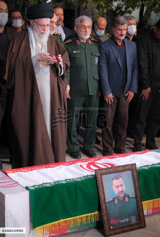 Khamenei Praying Next To The Coffin Of The IRGC General Moussav - Tehran
