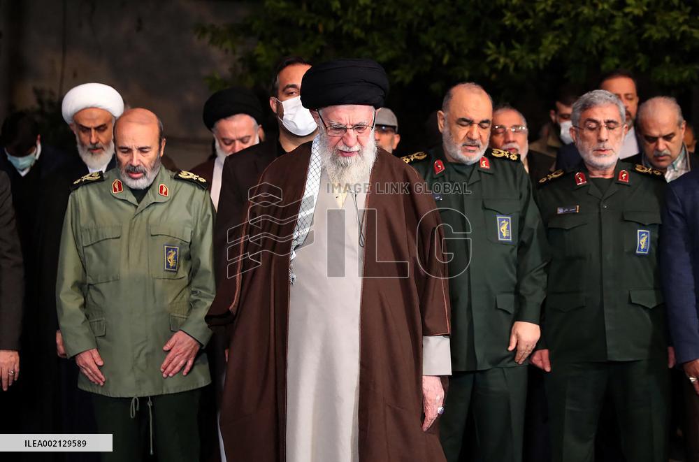 Khamenei Praying Next To The Coffin Of The IRGC General Moussav - Tehran