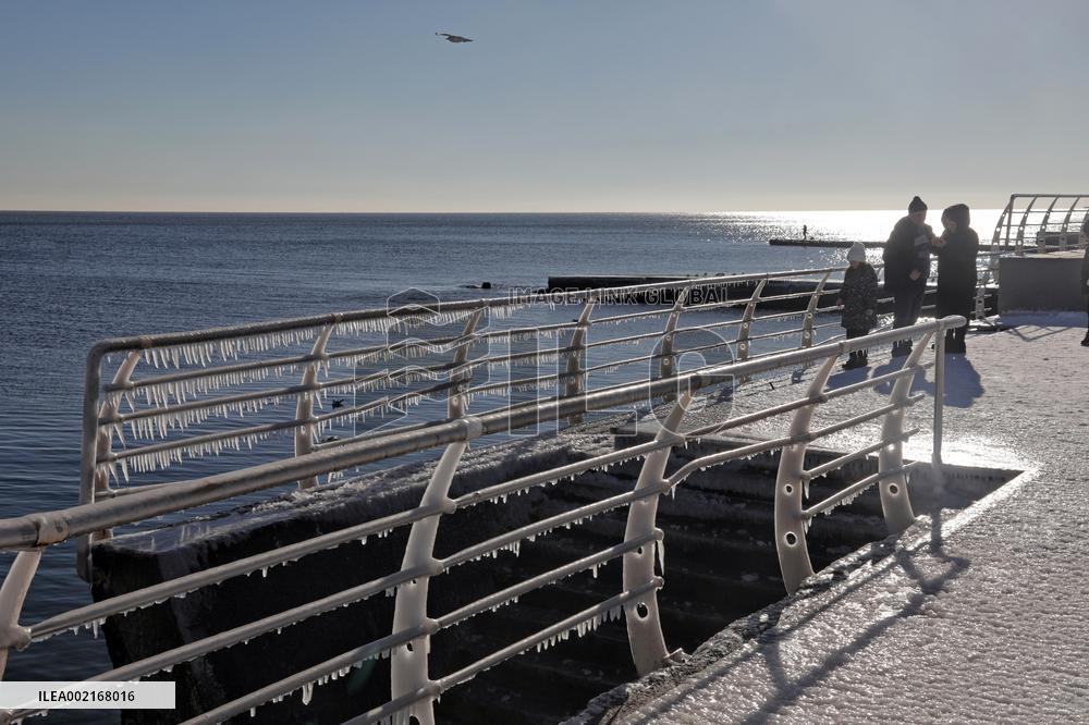 Ice-covered beach in Odesa