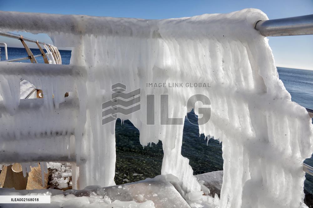 Ice-covered beach in Odesa