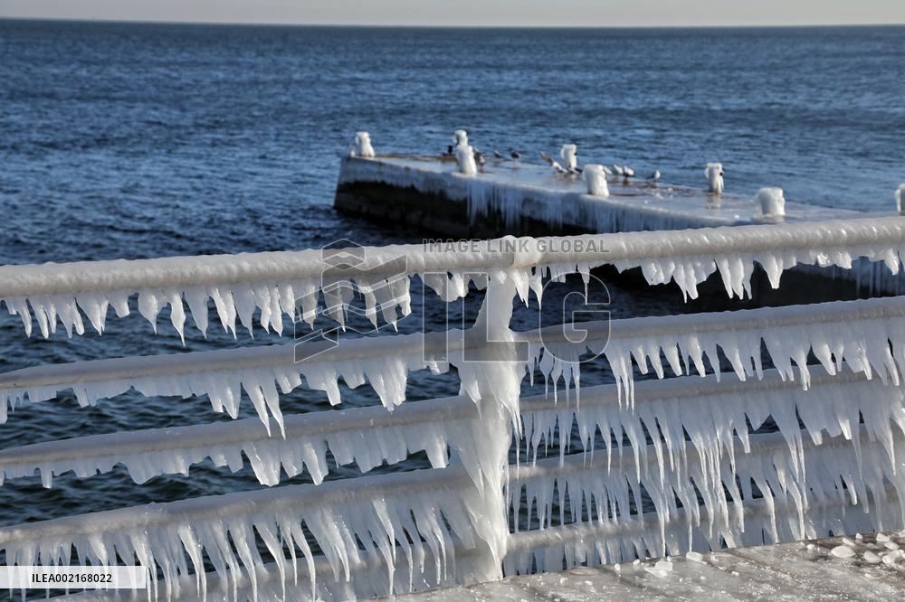 Ice-covered beach in Odesa