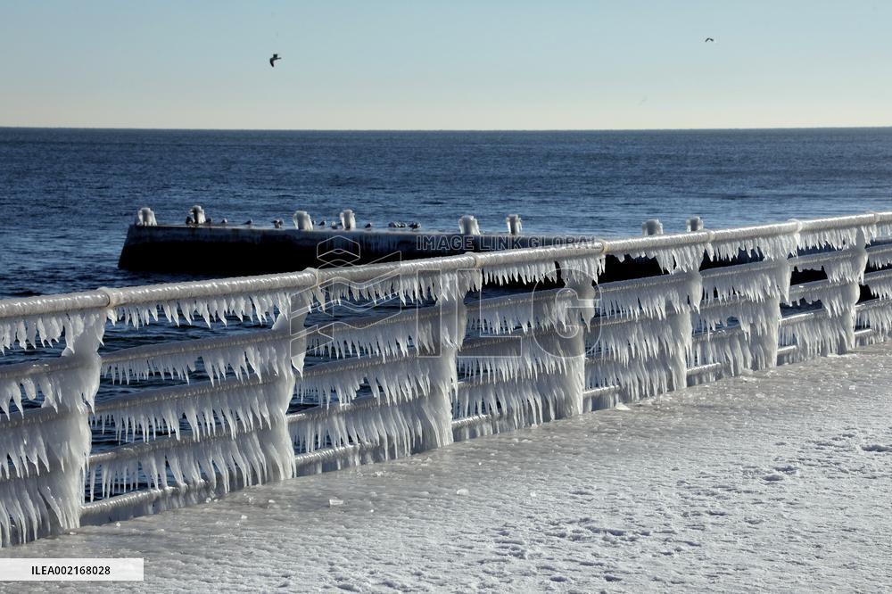 Ice-covered beach in Odesa