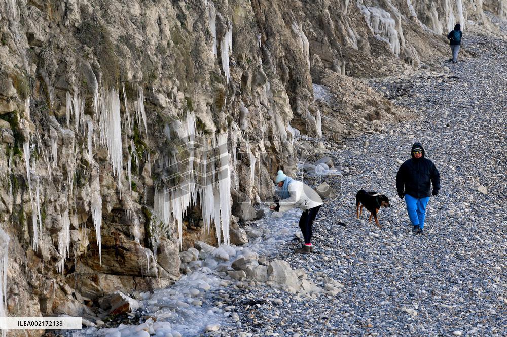 Ice Stalactites On The Cliffs Of Cap Blanc Nez - France