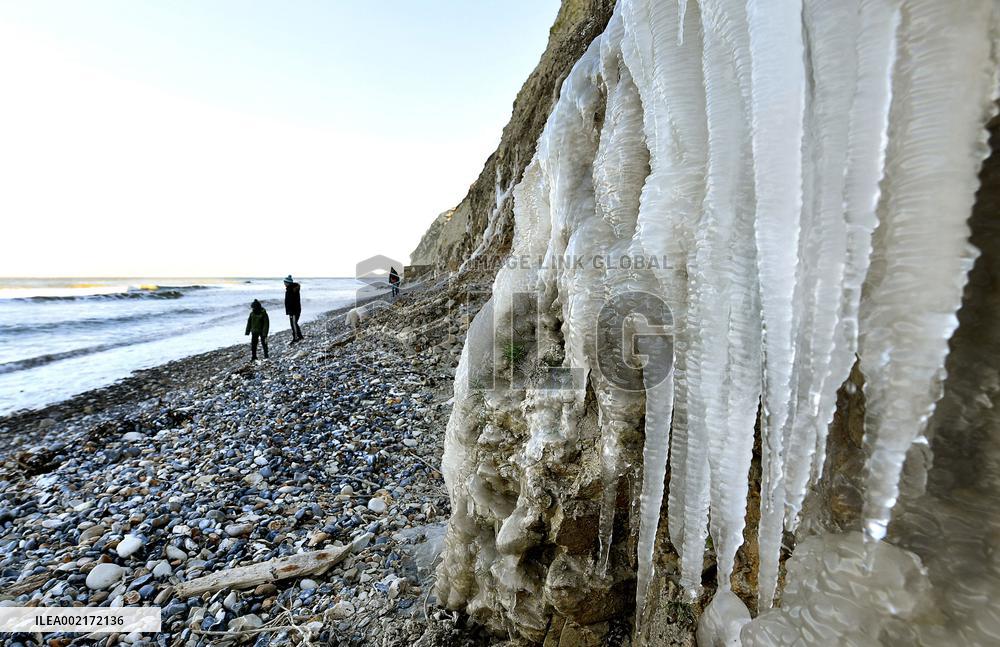 Ice Stalactites On The Cliffs Of Cap Blanc Nez - France
