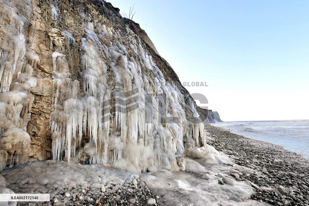 Ice Stalactites On The Cliffs Of Cap Blanc Nez - France