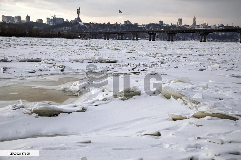 Icebound Dnipro River banks in Kyiv