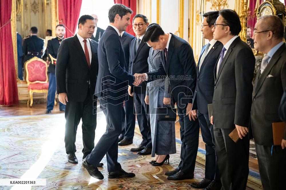 Gabriel Attal receives PM of Cambodia Manet Hun in Matignon - Paris