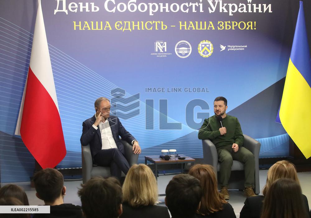 Volodymyr Zelenskyy and Donald Tusk meet with students in Kyiv