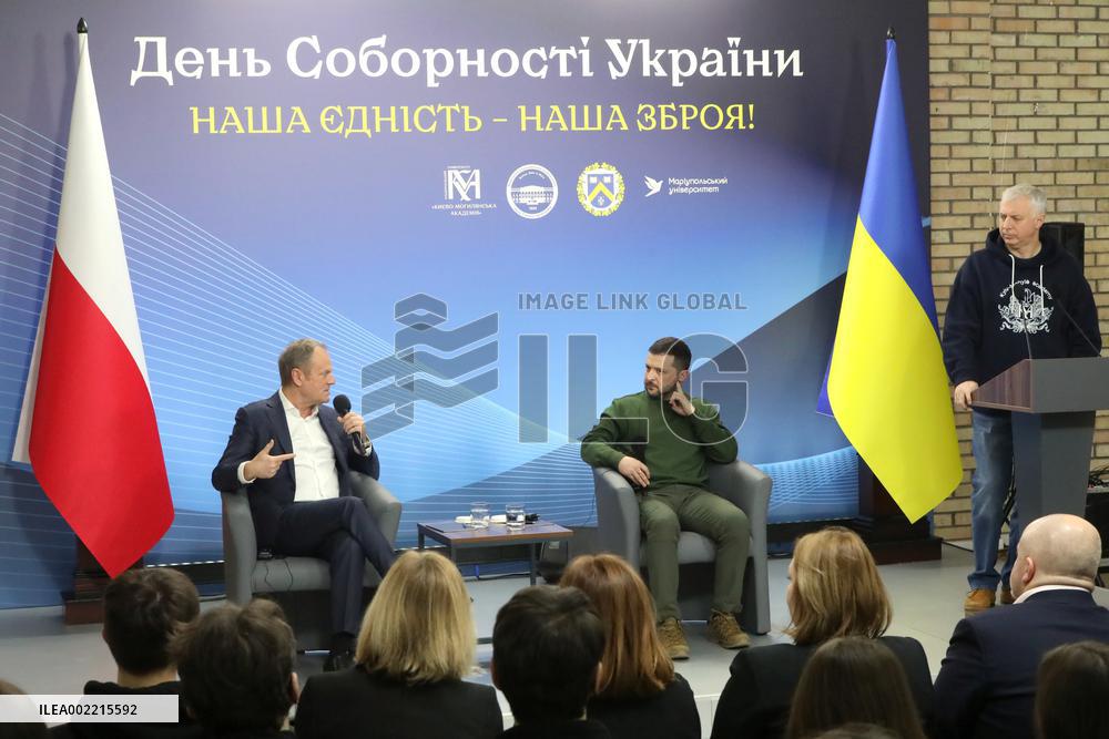 Volodymyr Zelenskyy and Donald Tusk meet with students in Kyiv
