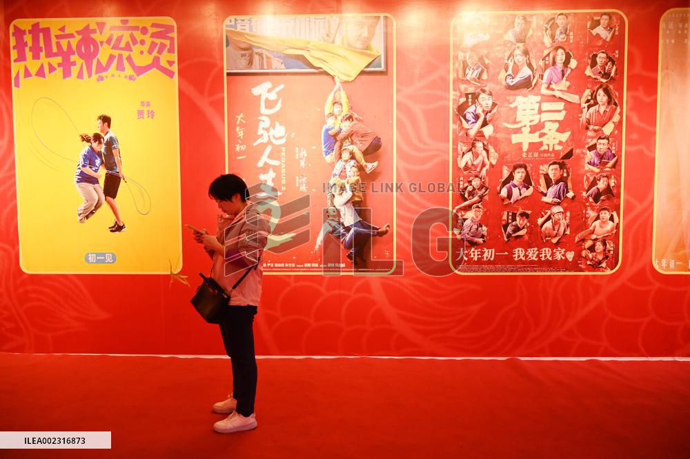 People Wait in Front of Movie Posters for the Lunar Year at A Cinema in Nanning