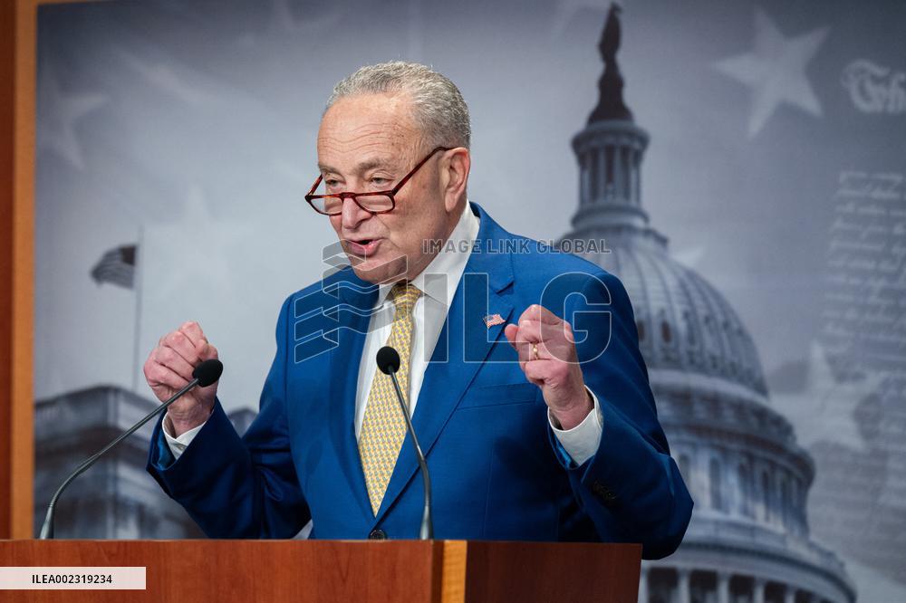 US Senate Majority Leader Chuck Schumer holds a press conference
