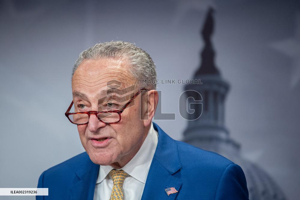 US Senate Majority Leader Chuck Schumer holds a press conference