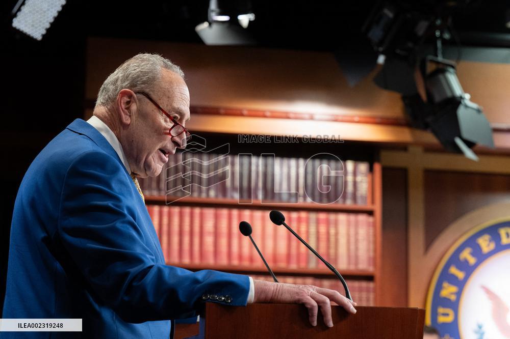 US Senate Majority Leader Chuck Schumer holds a press conference
