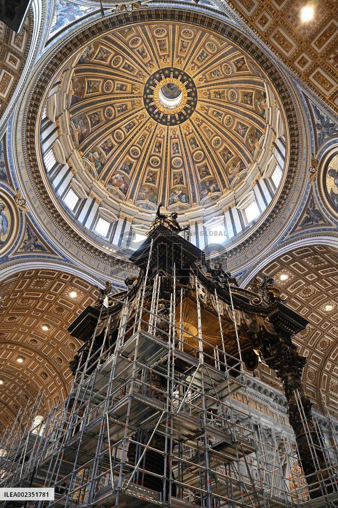 Restoration Work On The Baldachin Of St Peter's Basilica - Vatican
