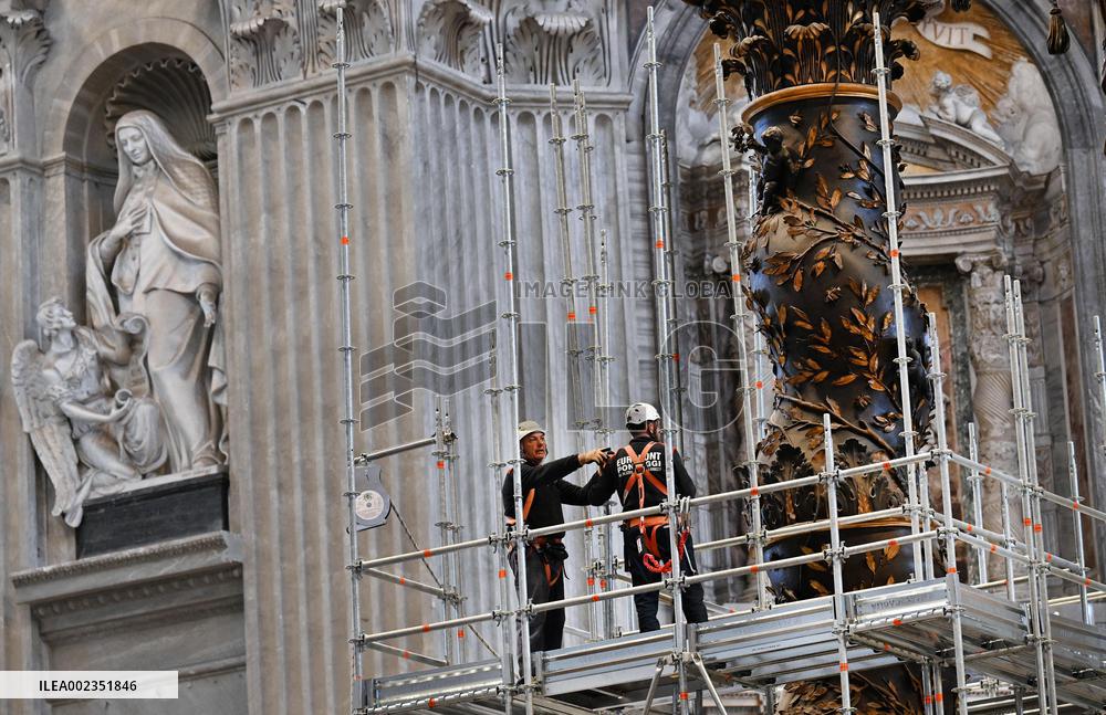 Restoration Work On The Baldachin Of St Peter's Basilica - Vatican